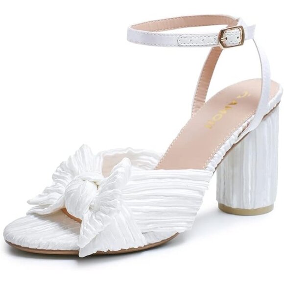 No Brand Shoes - 🆕Women White Ankle Strap Bowknot Chunky Wedding Party Dress Shoes Heeled Sandal